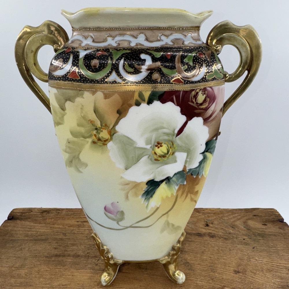 Vase Antique Nippon‎ Hand-Painted Porcelain w/Double Handle Floral Gold Gilt